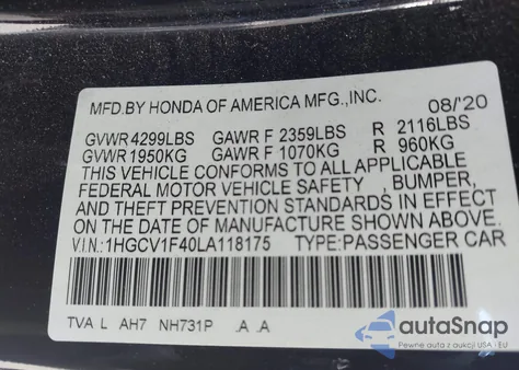 2020 Honda Accord Ex z USA, uszkodzony, nr VIN 1HGCV1F40LA118175